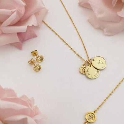 Gold Initial Necklace with Button bracelet and Gold button earrings